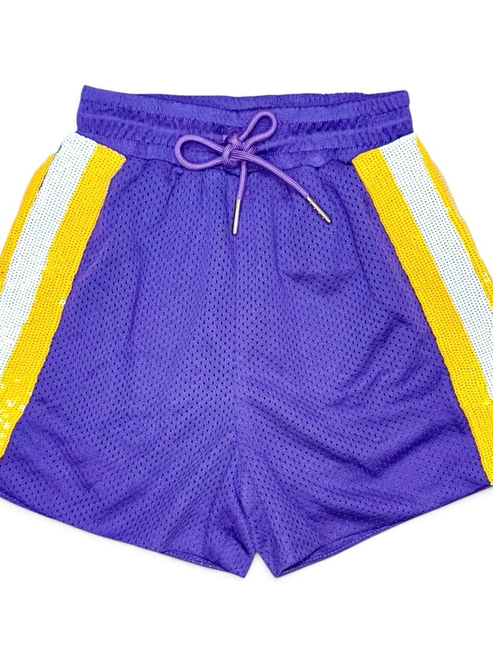 Women’s Purple Mesh Athletic Shorts with Yellow & White sequin Side Stripes